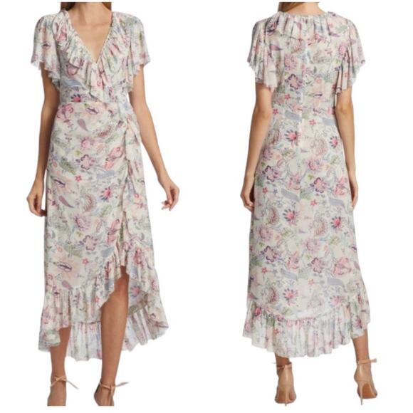 Cinq a Sept Sheilla Floral Ruffle White Midi V Neck Dress 2 - Picture 1 of 7